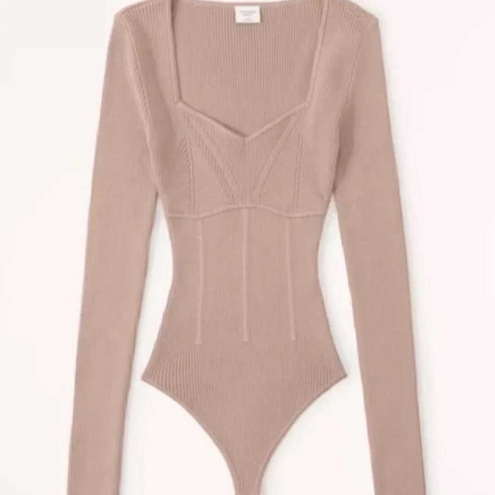 Abercrombie Fitch‎ Ribbed Knit Square Neck Long Sleeve Sweater Bodysuit XS Taupe